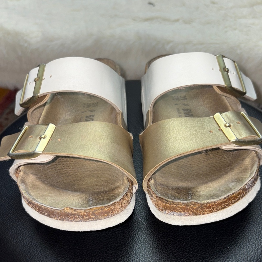 White and Gold Double Strap Sandals - Picture 3 of 10